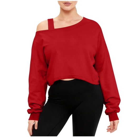 UQJfacai Womens Off Shoulder Sweatshirt Drop Shoulder Oversized Long Sleeve Cropped Pullover Top Spring Patchwork Sweater S-2XL