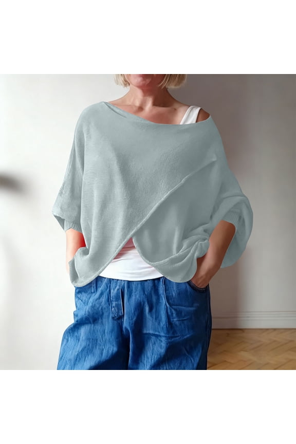 Womens Off The Shoulder Sweatshirt Asymmetric Wrap Front Short Sleeve Crewneck Top Fall Winter Casual Loose Pullover Sweater