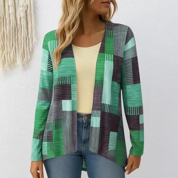 UQJfacai Womens Open Front Cardigan Lightweight Plaid Print Long Sleeve Casual Outerwear V Neck Fashion Fall Coats Cute Clothes