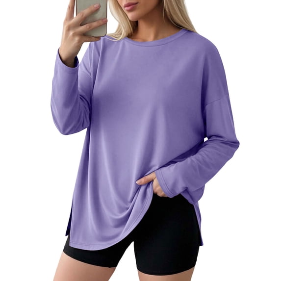 UQJfacai Womens Oversized Long Sleeve T Shirts Crewneck Basic Tees Spring Summer Side Split Casual Gym Workout Y2K Tops S-3XL