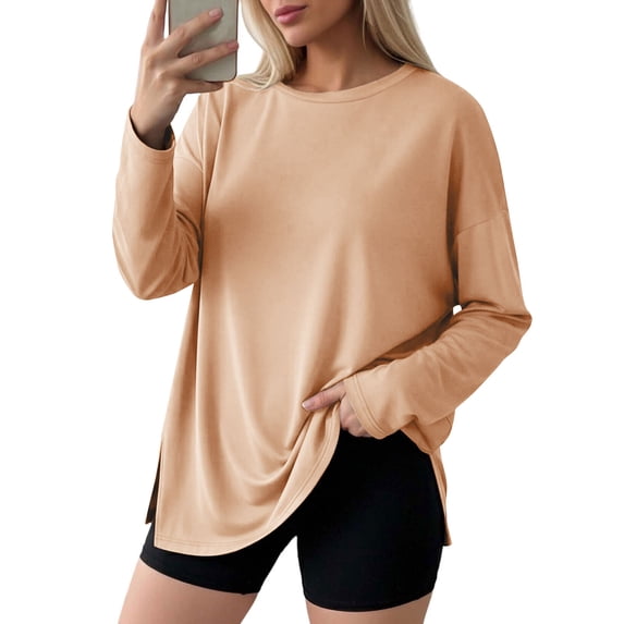 UQJfacai Womens Oversized Long Sleeve T Shirts Crewneck Basic Tees Spring Summer Side Split Casual Gym Workout Y2K Tops S-3XL