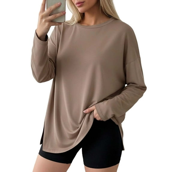 UQJfacai Womens Oversized Long Sleeve T Shirts Crewneck Basic Tees Spring Summer Side Split Casual Gym Workout Y2K Tops S-3XL