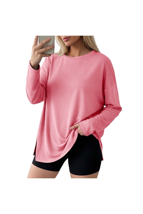 Womens Oversized Long Sleeve T Shirts Crewneck Basic Tees Spring Summer Side Split Casual Gym Workout Y2K Tops S-3XL