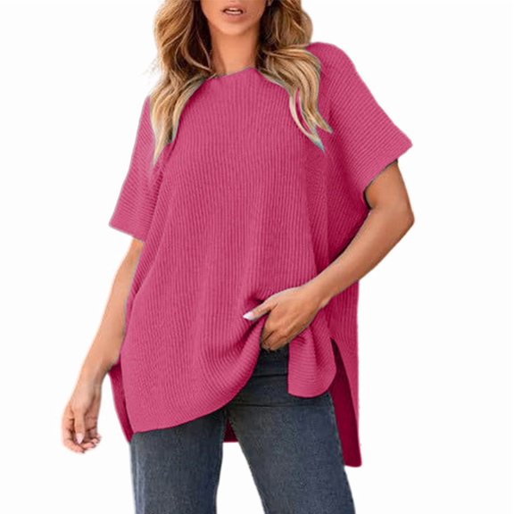 UQJfacai Womens Oversized Shirts Crewneck Batwing Short Sleeve Sweater Causal Tunic Tops Summer Sweaters for Women S-3XL