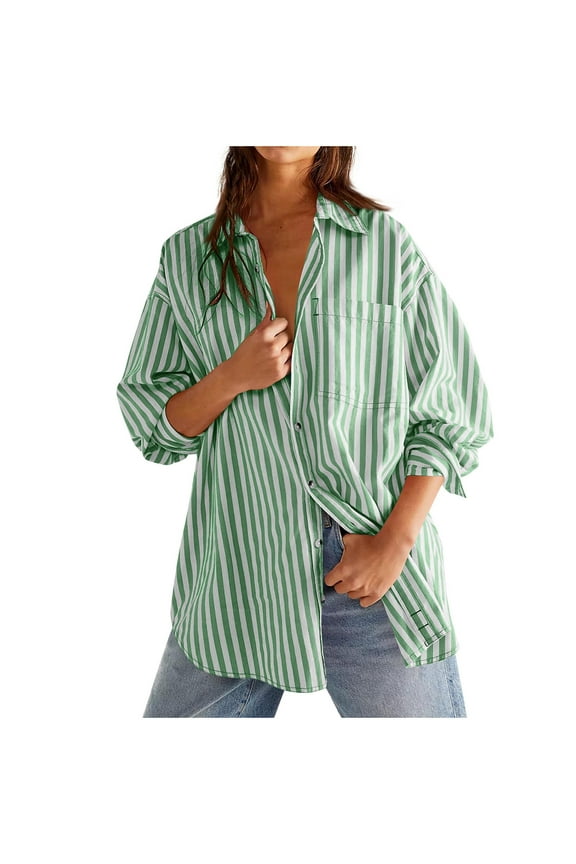 Womens Oversized Striped Button Down Shirts Boyfriend Long Sleeve Collared Work Blouses Loose Fit Casual Tops S-2XL