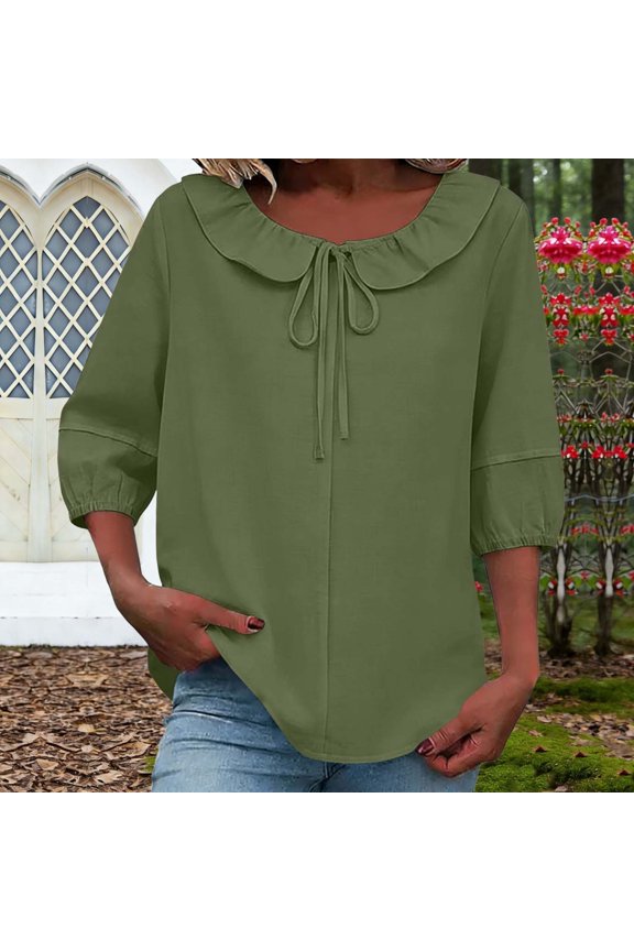 Womens Peter Pan Collar Shirts Summer 3/4 Puff Sleeve Drawstring Blouses Spring Trendy Casual Loose Fit Linen Tops S-2XL