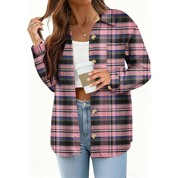 UQJfacai Womens Plaid Jacket Casual Lightweight Long Sleeve Button Down Flannel Shacket Shirt Collar Fall Winter Coat with Pocket