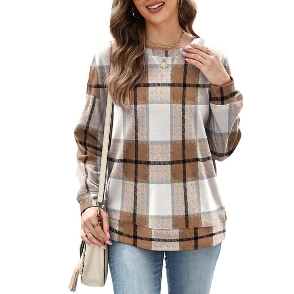 UQJfacai Womens Plaid Long Sleeve Shirts Tunic Tops Color Block Drop Shoulder Crewneck Tee Blouses Fall Outfits Fashion Winter Clothing