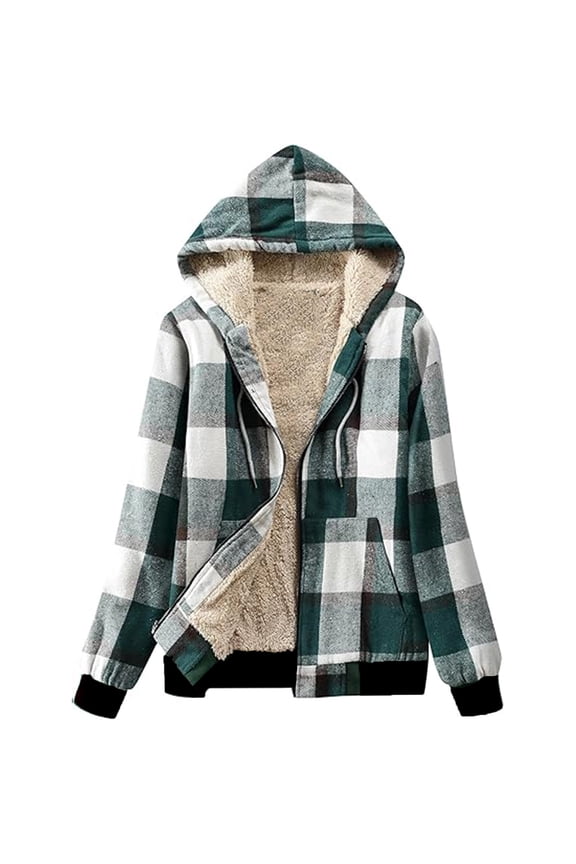 Womens Plaid Shacket Jacket Long Sleeve Zip Up Fleece Hooded Jackets Fall Winter Sherpa Lined Stylish Warm Coat with Pockets