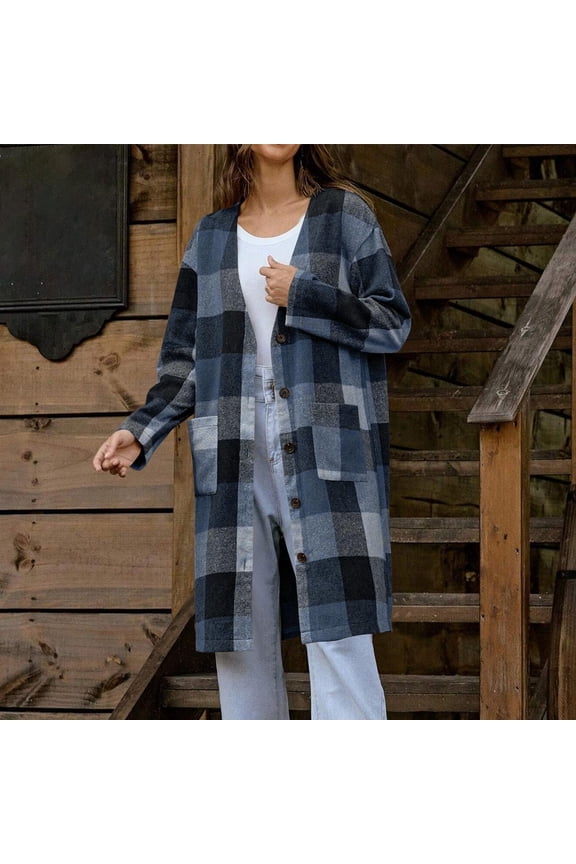 Womens Plaid Shacket Jacket Long Wool Blend Shirt Fall Winter Fashion V-Neck Button Down Coats Causal Outerwear with Pockets