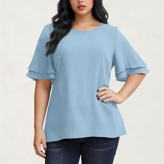 UQJfacai Womens Plus Size Tops Summer Casual Crewneck Tunic T Shirts Side Split Double Tiered Ruffle Bell Short Sleeve Blouse XL-5XL