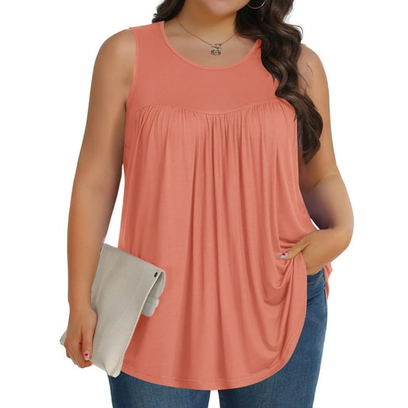 UQJfacai Womens Plus Size Tops Summer Crewneck T-Shirts Pleated Tunics Casual Loose Fit Ruffle Sleeveless Tee Blouses L-5XL