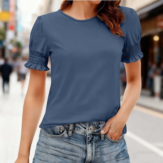 UQJfacai Womens Puff Short Sleeve Shirts Spring Summer Tunic Tops Trendy Business Causal Outfits Office Work Blouses S-2XL