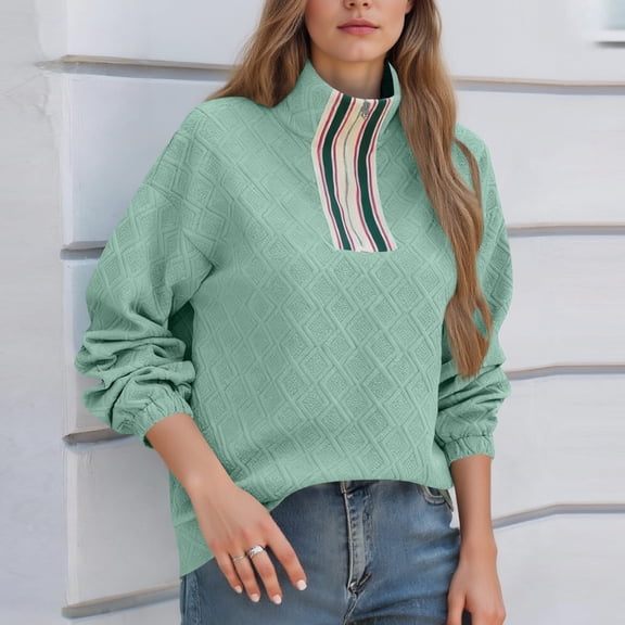 UQJfacai Womens Quarter Zip Sweatshirt Textured Long Sleeve Stand Colalr Pullover Tops Fall Winter Casual Color Block Cute Blouse