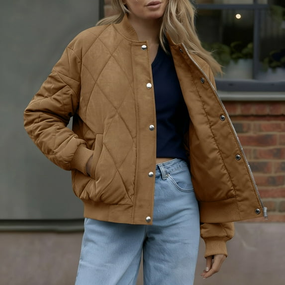 UQJfacai Womens Quilted Bomber Jacket Zip Up Winter Coats Button Long Sleeve Puffer Jackets with Pockets Padded Causal Outerwear