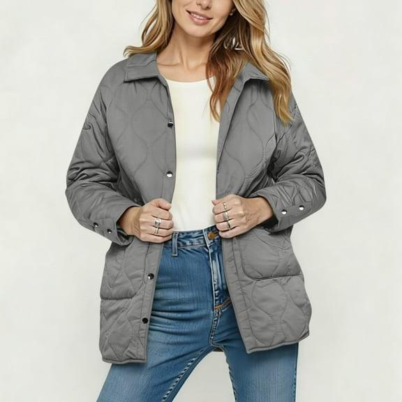 UQJfacai Womens Quilted Jackets Button Down Puffer Jacket Lapel Collar Padded Winter Coat Loose Fit Casual Outerwear with Pockets
