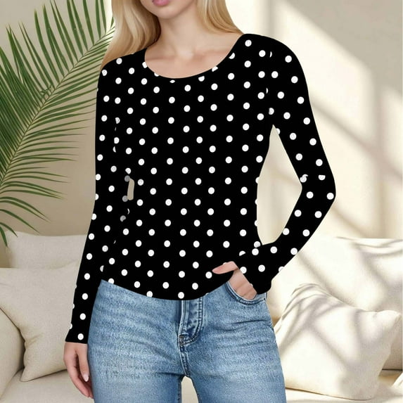 UQJfacai Womens Ribbed Long Sleeve Shirts Crew Neck Ribbed Crop Tops Polka Dot Print Strech Slim Fitted Casual Basic Tee