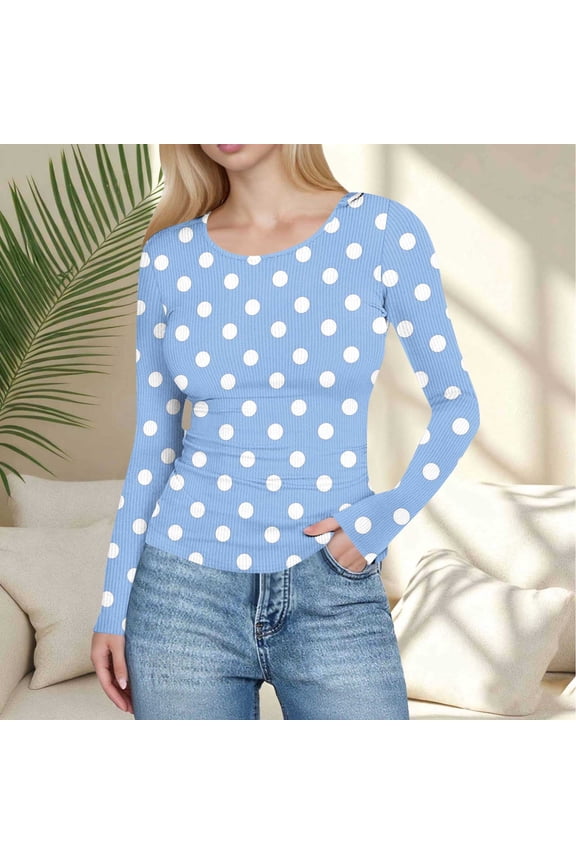 Womens Ribbed Long Sleeve Shirts Crew Neck Ribbed Crop Tops Polka Dot Print Strech Slim Fitted Casual Basic Tee