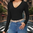 thumbnail image 1 of UQJfacai Womens Ribbed V Neck Strech Slim Fitted T-Shirts Lightweight Basic Solid Long Sleeve Layering Tee Tops Y2k Clothes, 1 of 9