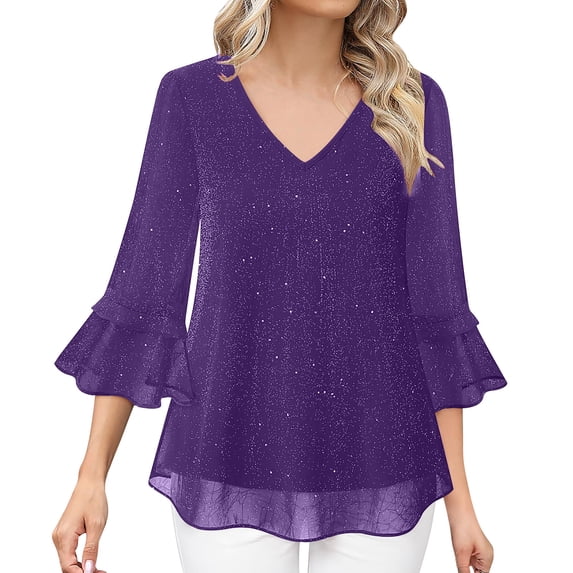 UQJfacai Womens Ruffle 3/4 Sleeve Dressy Blouses Sparkly Glitter V-Neck Shirts Evening Flowy Double Layers Mesh Tunic Tops