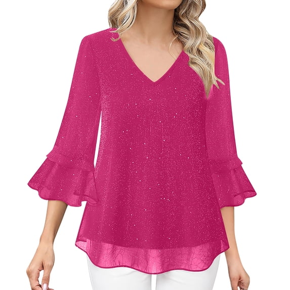 UQJfacai Womens Ruffle 3/4 Sleeve Dressy Blouses Sparkly Glitter V-Neck Shirts Evening Flowy Double Layers Mesh Tunic Tops