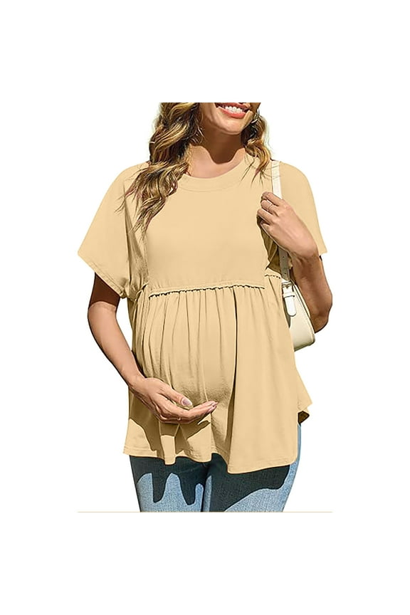 Womens Ruffle Hem Maternity T Shirt Summer Short Batwing Sleeve Crewneck Peplum Tee Tops Pregnancy Clothes S-2XL