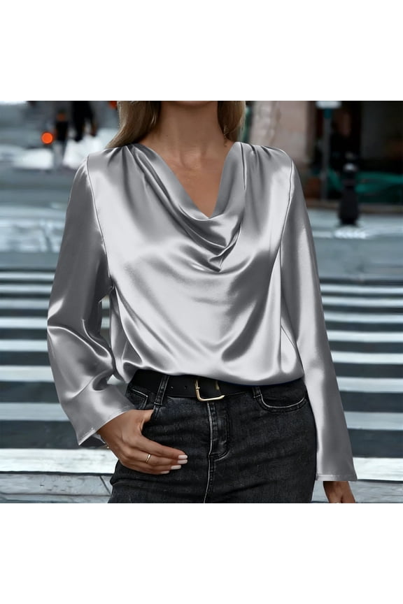 Womens Satin Silk Blouses Cowl Neck Drape Ruched Front Loose Long Sleeve Tops Dressy Casual Business Work Shirts S-2XL