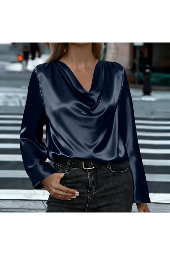 Womens Satin Silk Blouses Cowl Neck Drape Ruched Front Loose Long Sleeve Tops Dressy Casual Business Work Shirts S-2XL