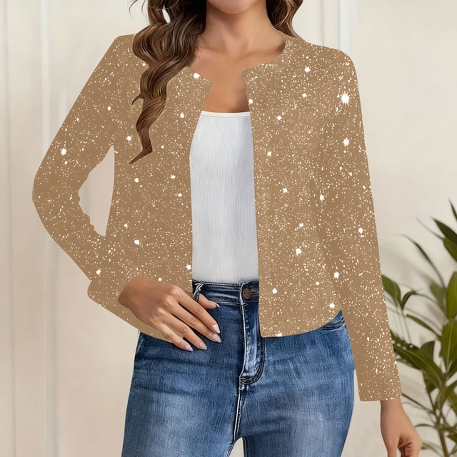 UQJfacai Womens Sequin Jackets Open Front Slim Fit Cropped Blazer Jacket Casual Long Sleeve Sparkly Party Cardigan Coat S-2XL