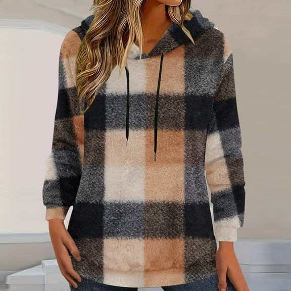 UQJfacai Womens Sherpa Pullover Plaid Oversized Fuzzy Hoodie Fleece Sweatshirts Fluffy Drawstring Hooded Outerwear Warm Winter Coats