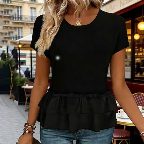 UQJfacai Womens Short Sleeve Peplum Tops Crewneck Casual Basic Tee Shirts Patchwork Ruffle Double Tiered Hem Summer Tops S-2XL