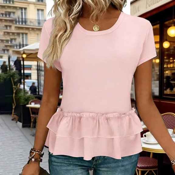 UQJfacai Womens Short Sleeve Peplum Tops Crewneck Casual Basic Tee Shirts Patchwork Ruffle Double Tiered Hem Summer Tops S-2XL