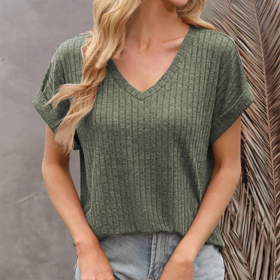 UQJfacai Womens Short Sleeve Shirts Summer V-Neck Sweaters Dressy Casual Business Blouses Loose Ribbed Textured Tunic Tops S-2XL