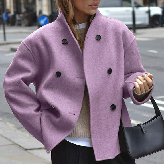 UQJfacai Womens Short Wool Blend Pea Coat Fall Winter Stand Collar Double Breasted Overcoat jacket Long Sleeve Casual Outerwear