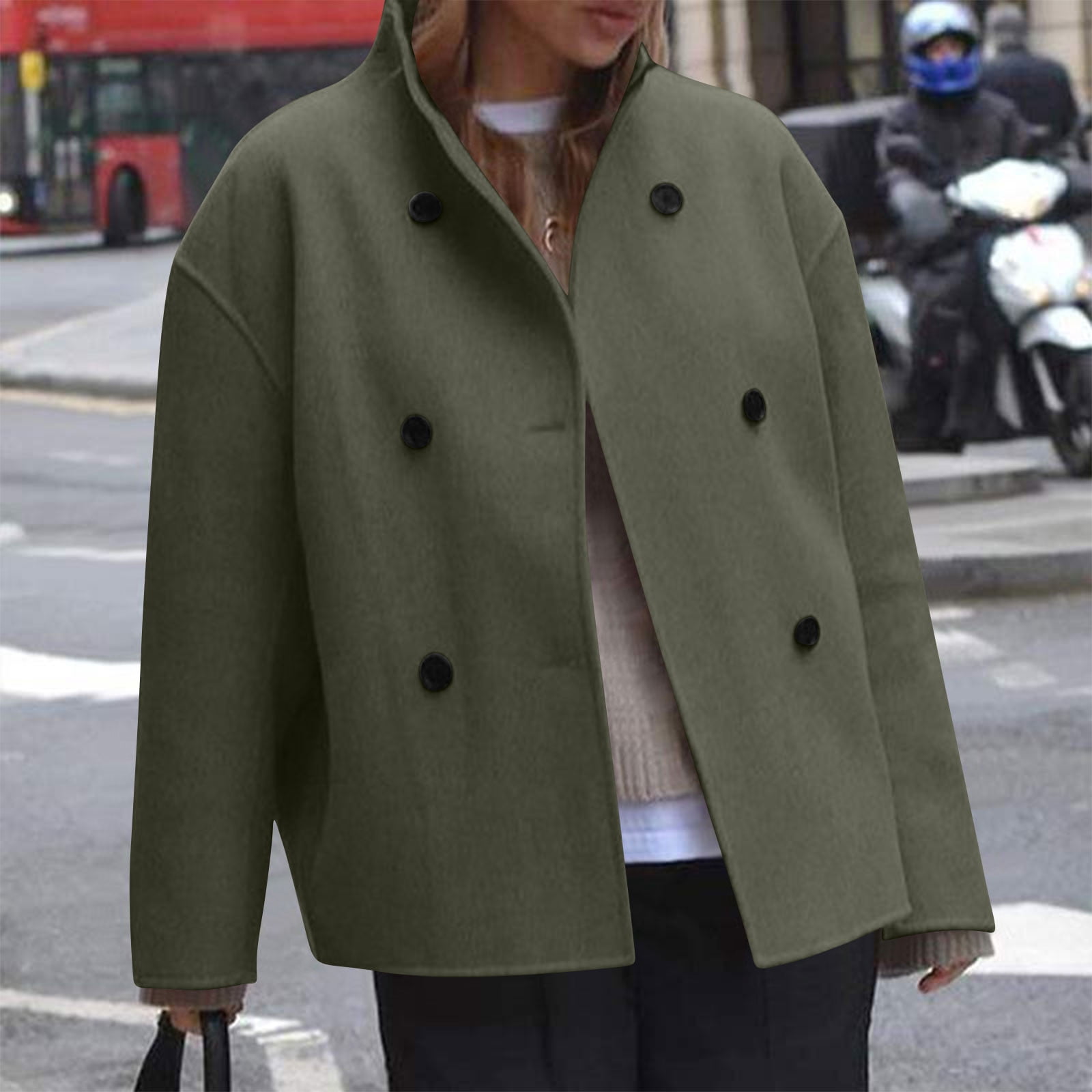 UQJfacai Womens Short Wool Blend Pea Coat Fall Winter Stand Collar