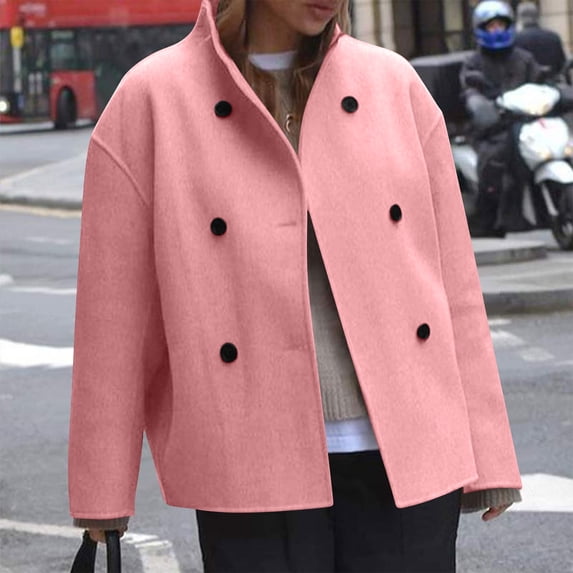 UQJfacai Womens Short Wool Blend Pea Coat Fall Winter Stand Collar Double Breasted Overcoat jacket Long Sleeve Casual Outerwear