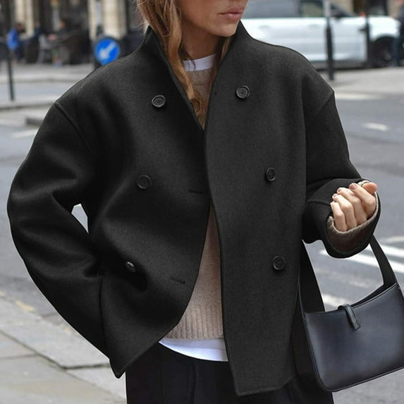UQJfacai Womens Short Wool Blend Pea Coat Fall Winter Stand Collar Double Breasted Overcoat jacket Long Sleeve Casual Outerwear