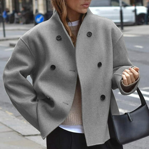 UQJfacai Womens Short Wool Blend Pea Coat Fall Winter Stand Collar Double Breasted Overcoat jacket Long Sleeve Casual Outerwear