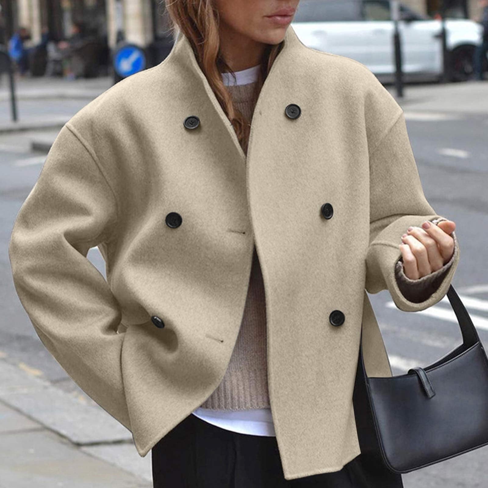 UQJfacai Womens Short Wool Blend Pea Coat Fall Winter Stand Collar