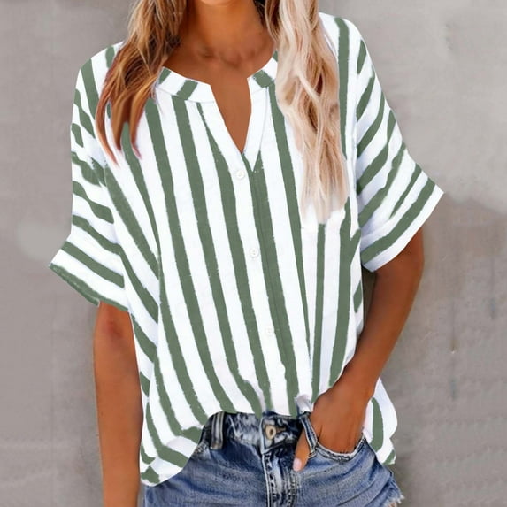 UQJfacai Womens Striped Boyfriend Button Down Shirt Casual V neck Long Sleeve Summer Oversized Blouse Tops with Pocket S-2XL