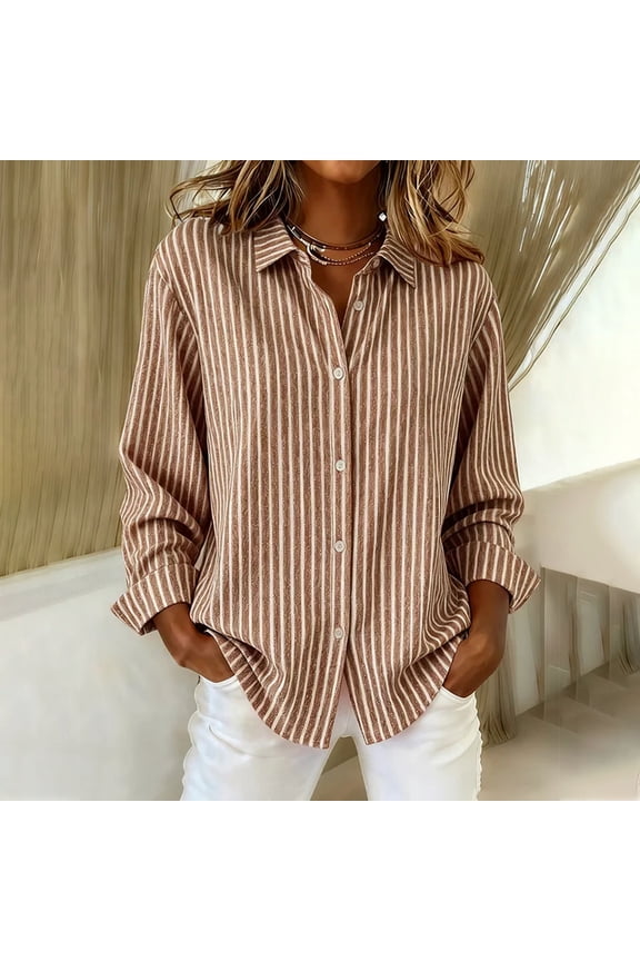 Womens Striped Button Down Shirts Classic Roll Up Long Sleeve Tops Spring Stylish Loose Fit Collared Office Work Blouses