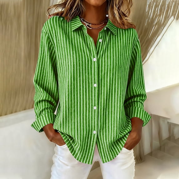 UQJfacai Womens Striped Button Down Shirts Classic Roll Up Long Sleeve Tops Spring Stylish Loose Fit Collared Office Work Blouses