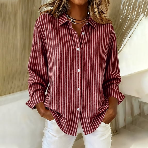 UQJfacai Womens Striped Button Down Shirts Classic Roll Up Long Sleeve Tops Spring Stylish Loose Fit Collared Office Work Blouses