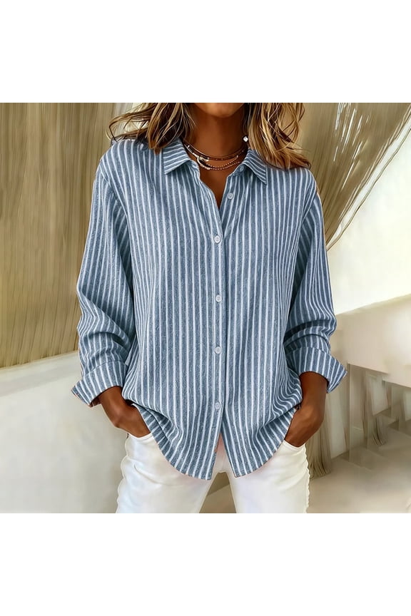 Womens Striped Button Down Shirts Classic Roll Up Long Sleeve Tops Spring Stylish Loose Fit Collared Office Work Blouses