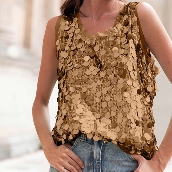 UQJfacai Womens Summer Fashion Sequin Tops Crew Neck Sparkle Shimmer Sleeveless Tanks Top Party Holiday Casual Blouses S-XL