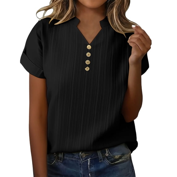 UQJfacai Womens Summer Henley Shirts Plus Size Textured Button V Neck Short Sleeve Tunic Tops Dressy Casual Blouses XL-5XL