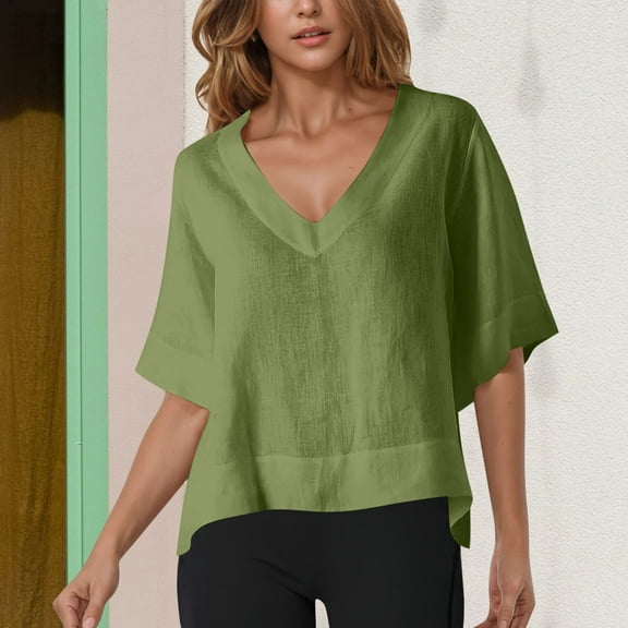 UQJfacai Womens Summer V-Neck T-Shirts Casual Short Sleeve Flowy Tops Textured Cute Loose Fit Basic Tees Shirts S-2XL