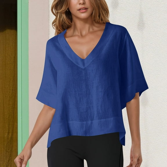 UQJfacai Womens Summer V-Neck T-Shirts Casual Short Sleeve Flowy Tops Textured Cute Loose Fit Basic Tees Shirts S-2XL