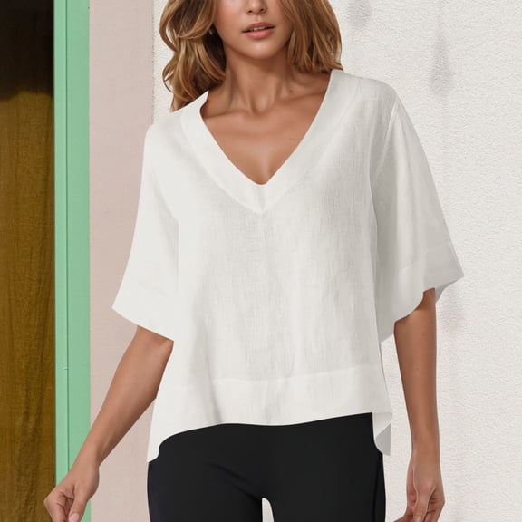 UQJfacai Womens Summer V-Neck T-Shirts Casual Short Sleeve Flowy Tops Textured Cute Loose Fit Basic Tees Shirts S-2XL