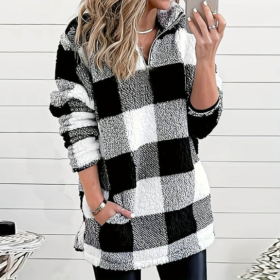 UQJfacai Womens Sweatshirt Plaid Sherpa Quarter Zip Pullover Tops Fall Winter Stand Collar Long Sleeve Fleece Sweaters with Pocket